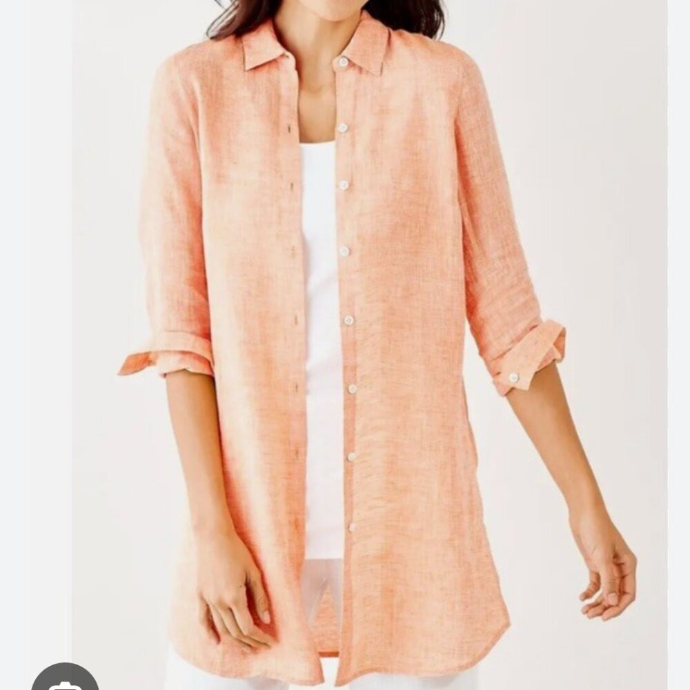 J.JILL LOVE LINEN Women's XL Button-Front Shirt Orange Lagenlook Coastal Boho